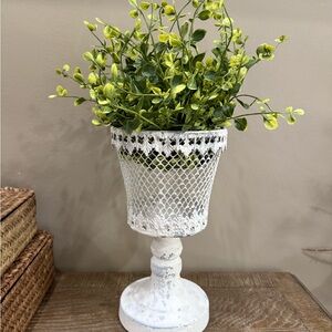 White Metal Distressed Planter with Lush Greenery